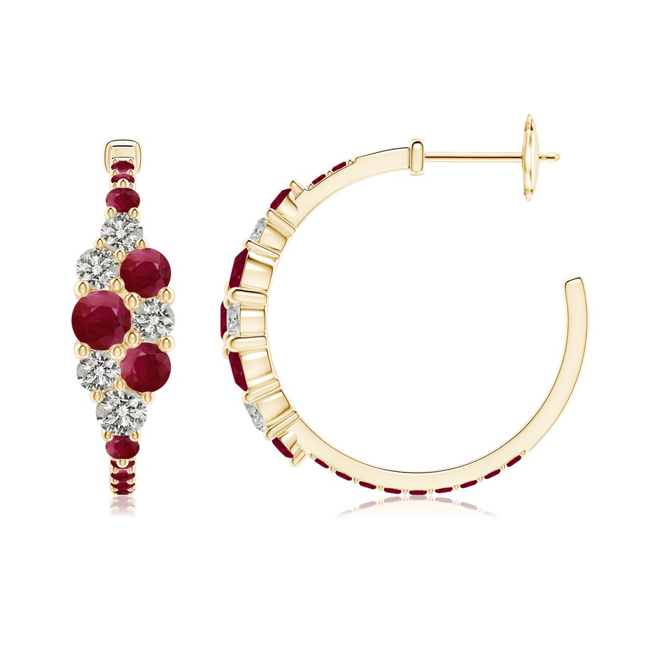 4mm A Ruby & Diamond Cluster Asymmetrical Hoop Earrings in Yellow Gold side 199