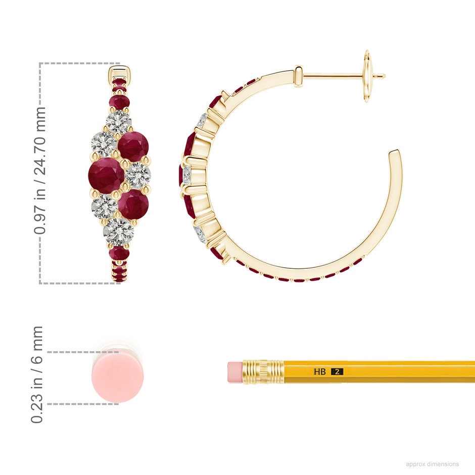 4mm A Ruby & Diamond Cluster Asymmetrical Hoop Earrings in Yellow Gold ruler