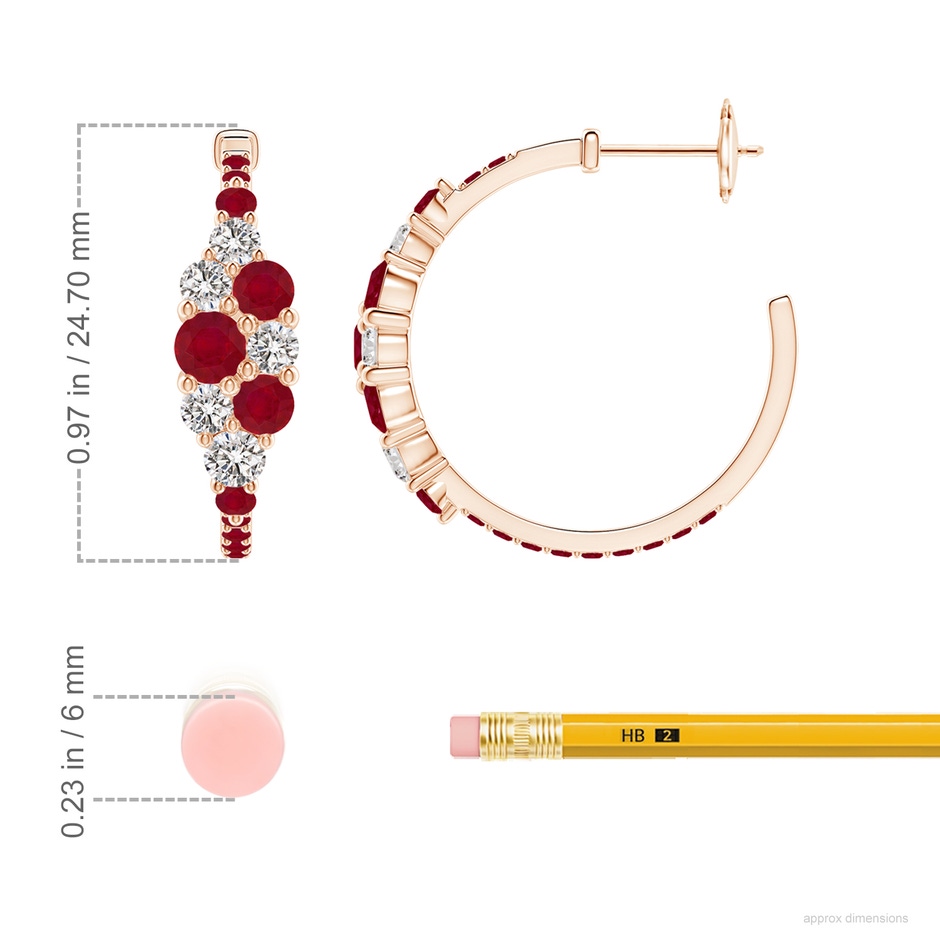 4mm AA Ruby & Diamond Cluster Asymmetrical Hoop Earrings in Rose Gold ruler