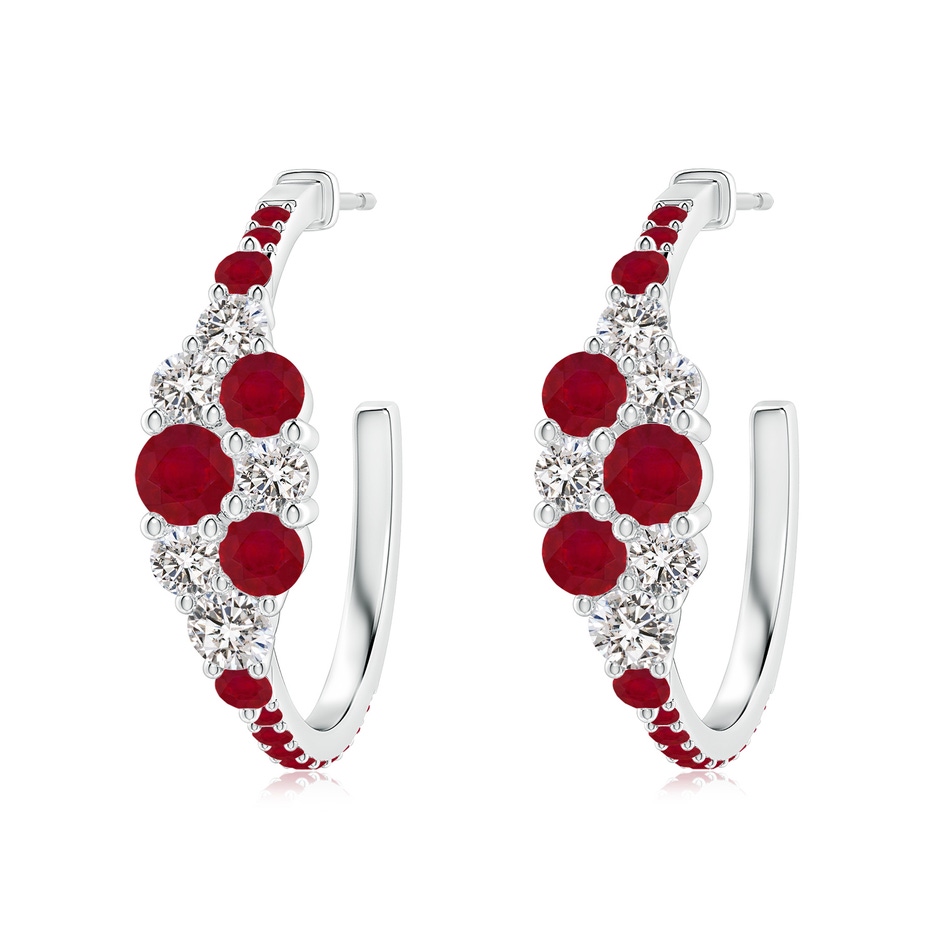 4mm AA Ruby & Diamond Cluster Asymmetrical Hoop Earrings in White Gold 