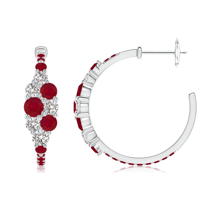 4mm AA Ruby & Diamond Cluster Asymmetrical Hoop Earrings in White Gold side 199