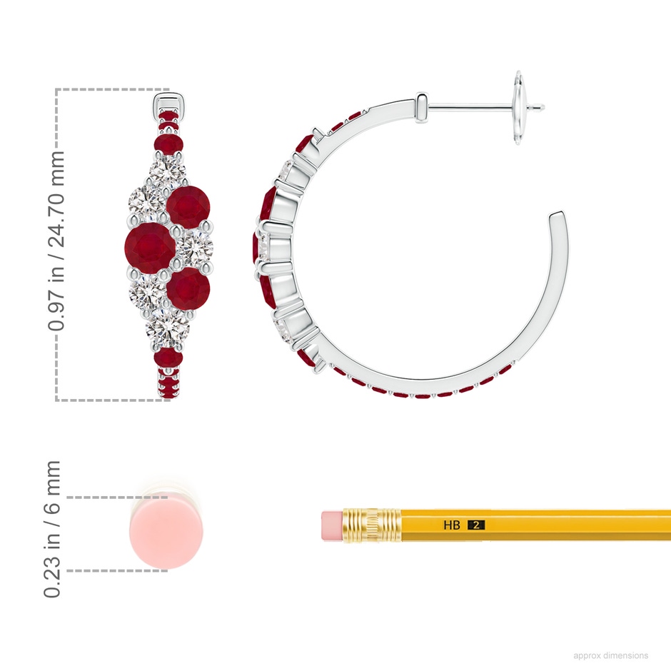 4mm AA Ruby & Diamond Cluster Asymmetrical Hoop Earrings in White Gold ruler
