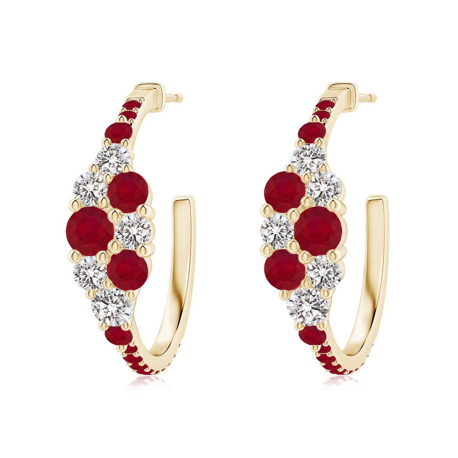 4mm AA Ruby & Diamond Cluster Asymmetrical Hoop Earrings in Yellow Gold 