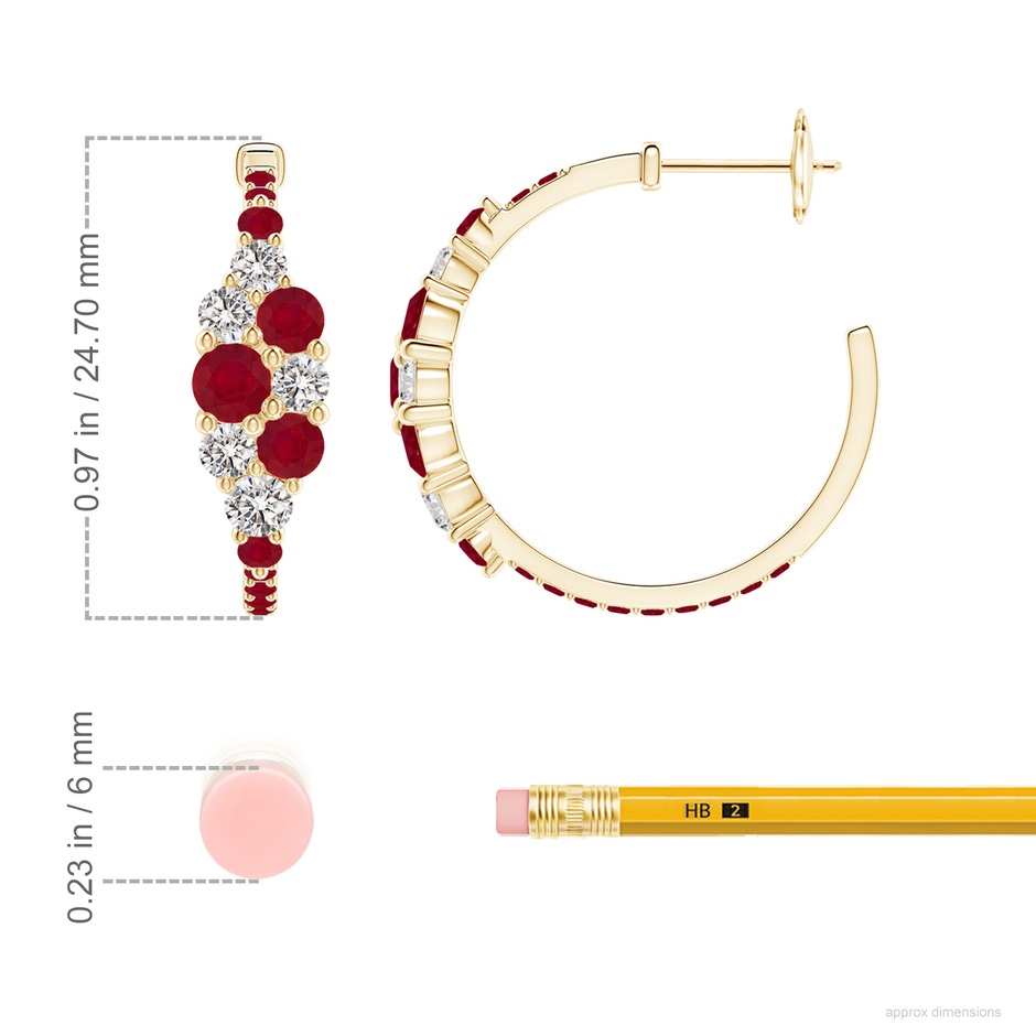 4mm AA Ruby & Diamond Cluster Asymmetrical Hoop Earrings in Yellow Gold ruler