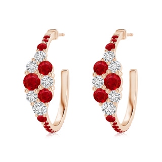 4mm AAA Ruby & Diamond Cluster Asymmetrical Hoop Earrings in Rose Gold