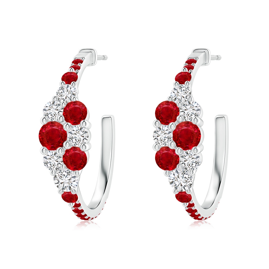 4mm AAA Ruby & Diamond Cluster Asymmetrical Hoop Earrings in White Gold 