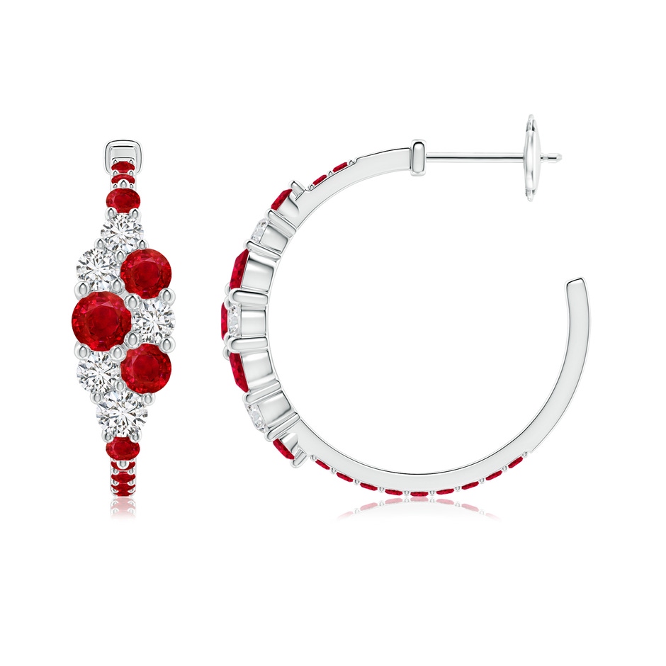 4mm AAA Ruby & Diamond Cluster Asymmetrical Hoop Earrings in White Gold side 199