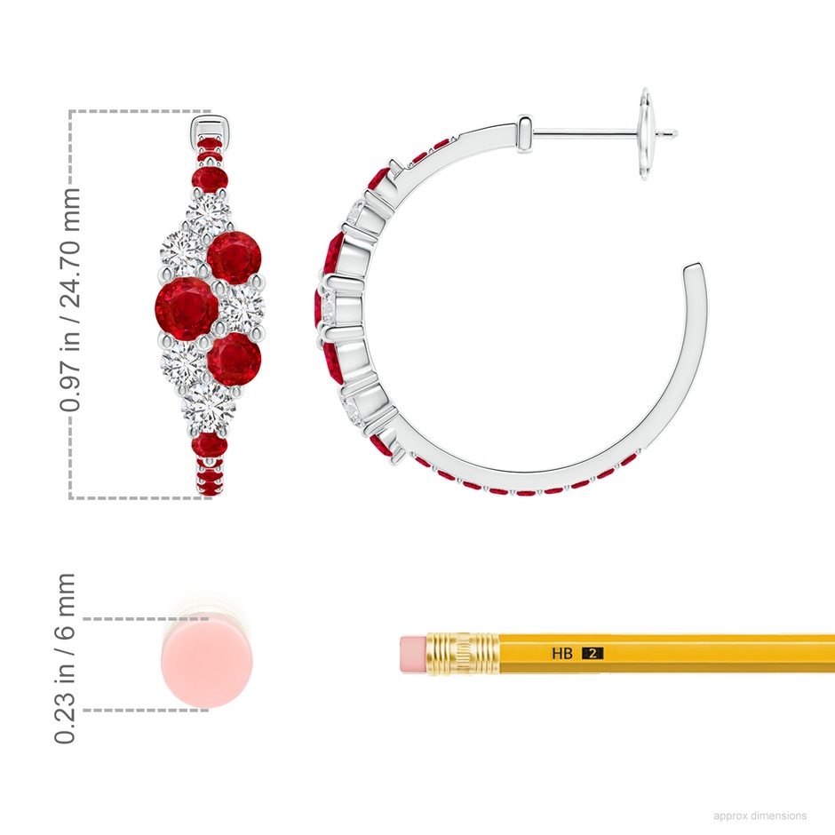 4mm AAA Ruby & Diamond Cluster Asymmetrical Hoop Earrings in White Gold ruler