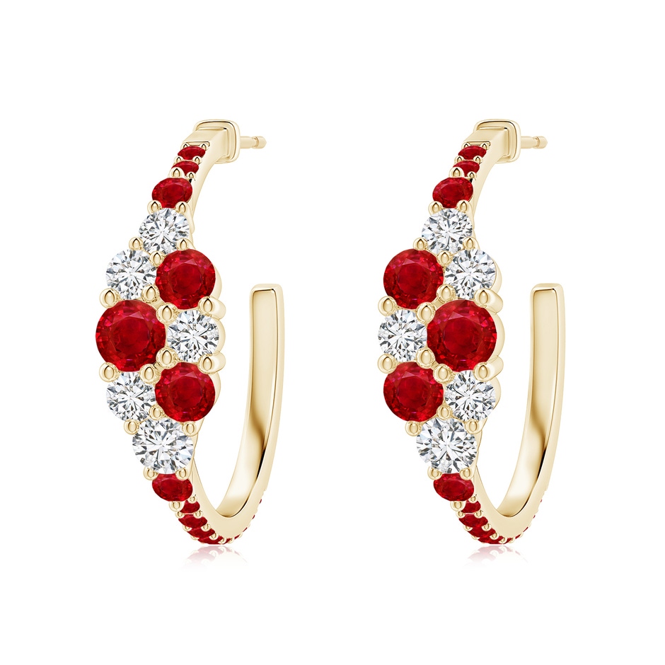 4mm AAA Ruby & Diamond Cluster Asymmetrical Hoop Earrings in Yellow Gold 