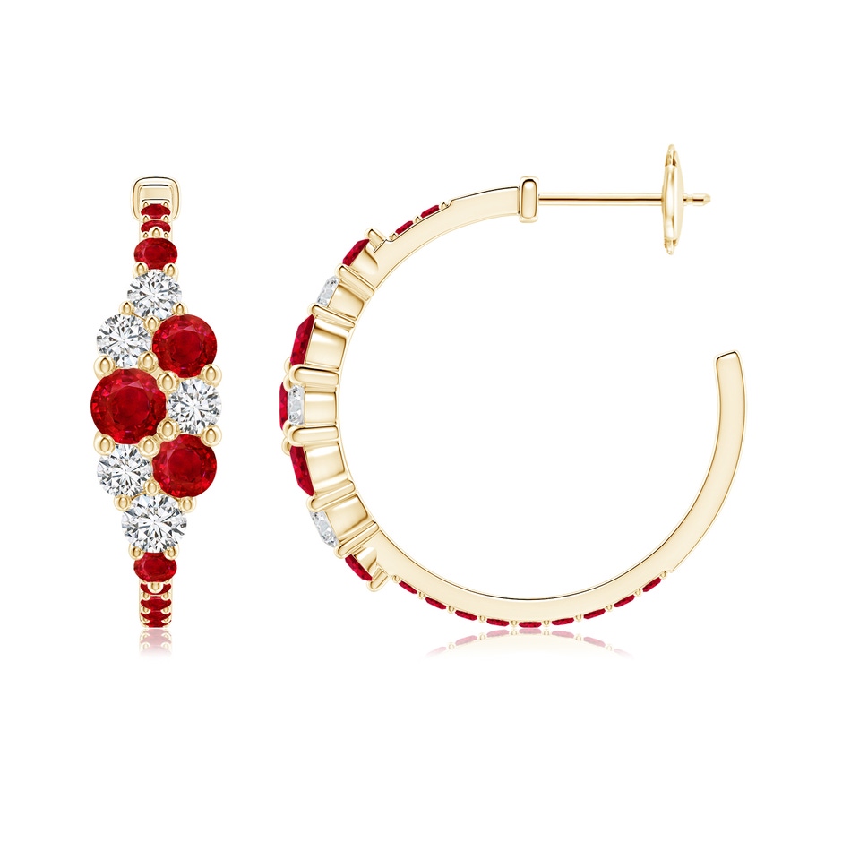 4mm AAA Ruby & Diamond Cluster Asymmetrical Hoop Earrings in Yellow Gold side 199