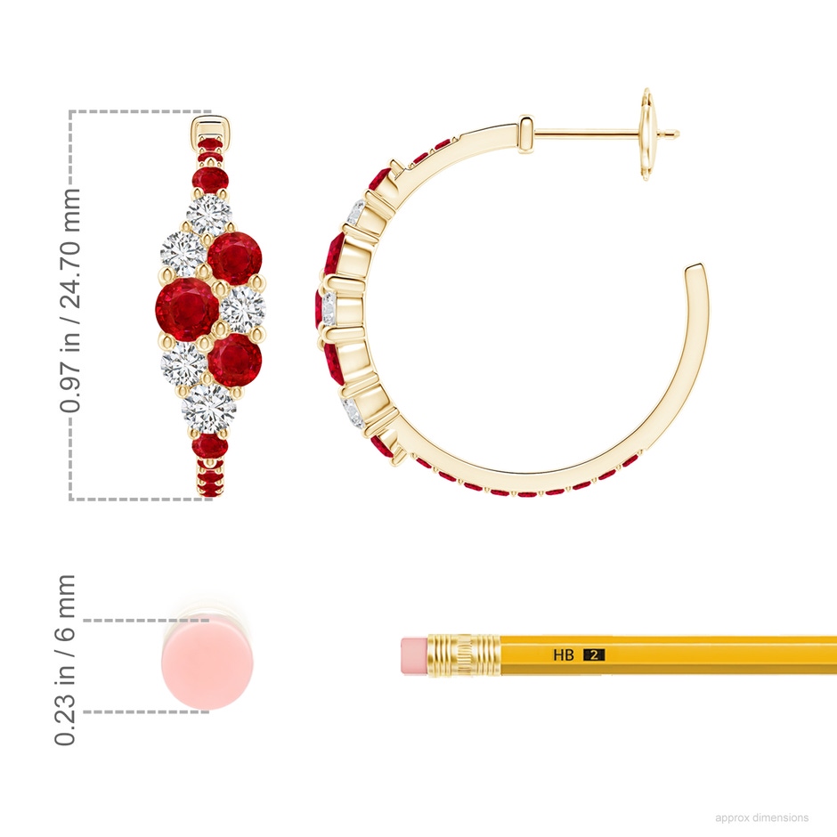 4mm AAA Ruby & Diamond Cluster Asymmetrical Hoop Earrings in Yellow Gold ruler