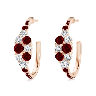 4mm AAAA Ruby & Diamond Clustre Asymmetrical Hoop Earrings in 10K Rose Gold