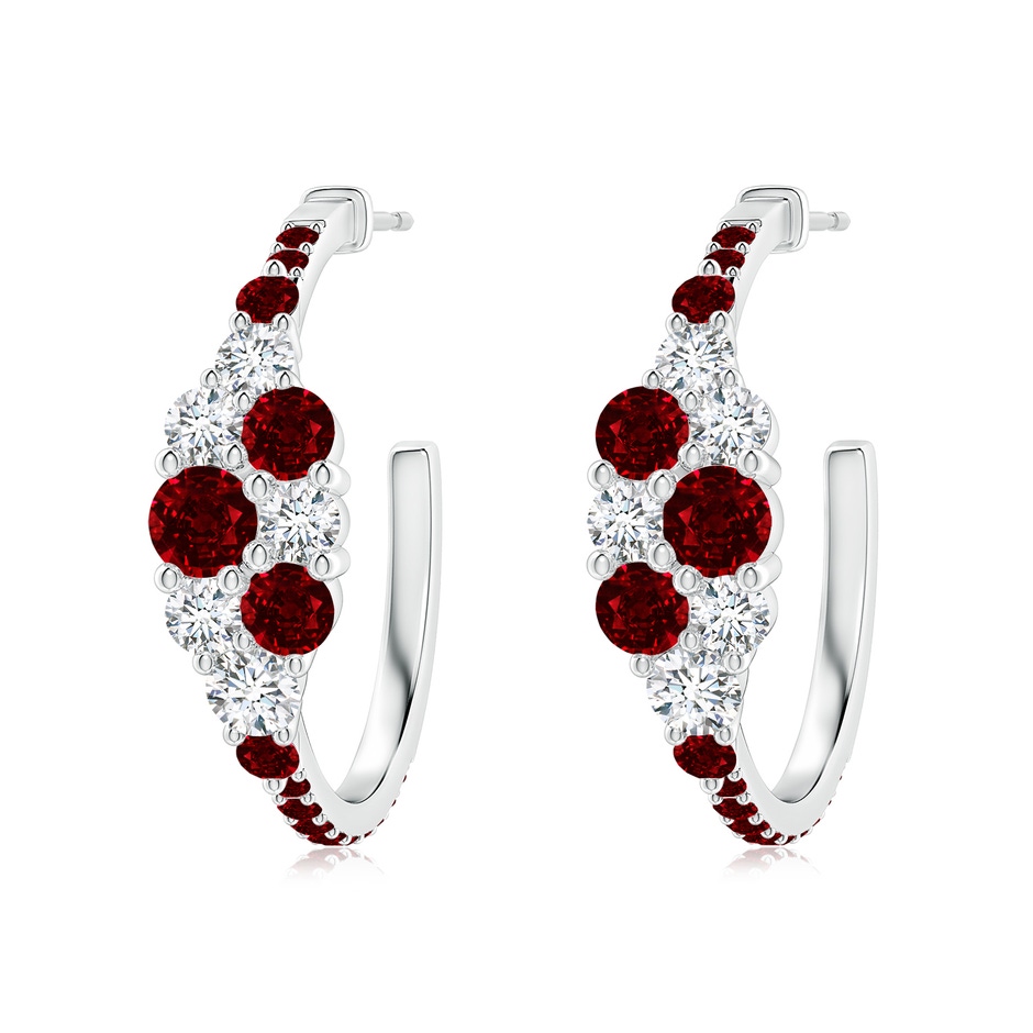 4mm AAAA Ruby & Diamond Cluster Asymmetrical Hoop Earrings in White Gold 