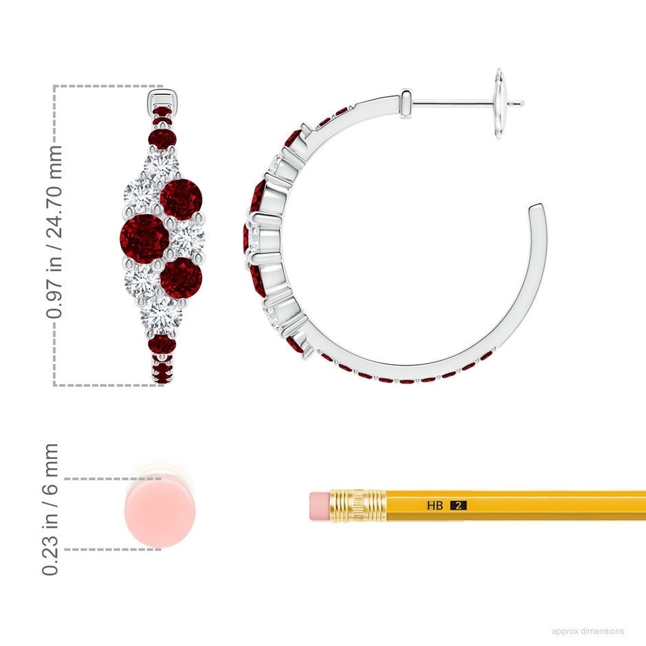 4mm AAAA Ruby & Diamond Cluster Asymmetrical Hoop Earrings in White Gold ruler