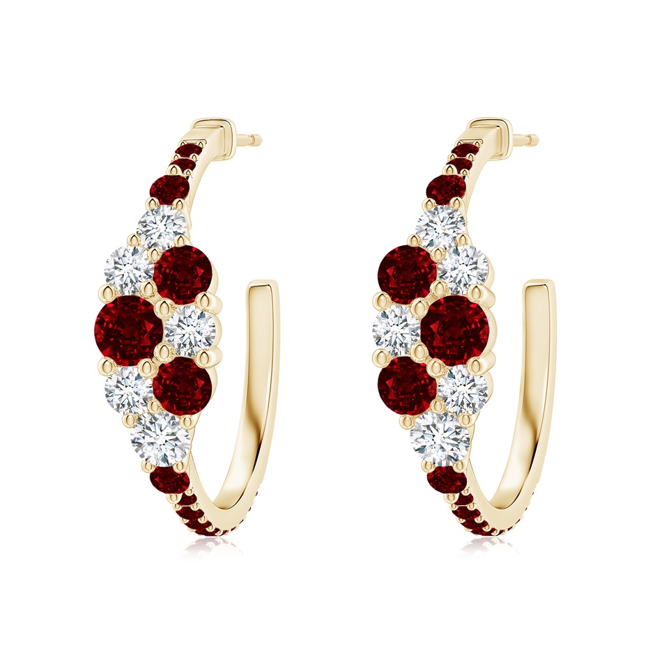 4mm AAAA Ruby & Diamond Cluster Asymmetrical Hoop Earrings in Yellow Gold 