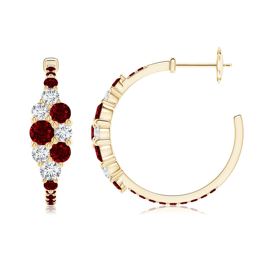 4mm AAAA Ruby & Diamond Cluster Asymmetrical Hoop Earrings in Yellow Gold side 199