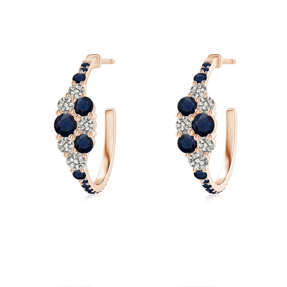 3.1mm A Blue Sapphire & Diamond Cluster Asymmetrical Hoop Earrings in Rose Gold 