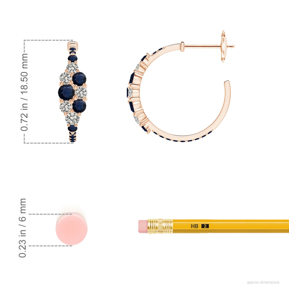 3.1mm A Blue Sapphire & Diamond Cluster Asymmetrical Hoop Earrings in Rose Gold ruler