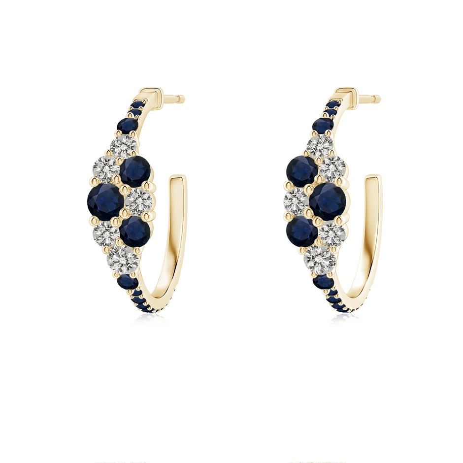 3.1mm A Blue Sapphire & Diamond Cluster Asymmetrical Hoop Earrings in Yellow Gold 