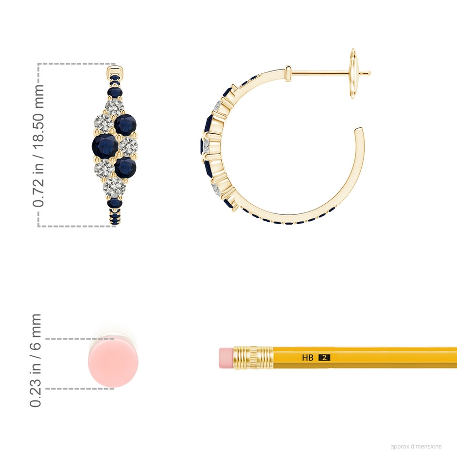 3.1mm A Blue Sapphire & Diamond Cluster Asymmetrical Hoop Earrings in Yellow Gold ruler