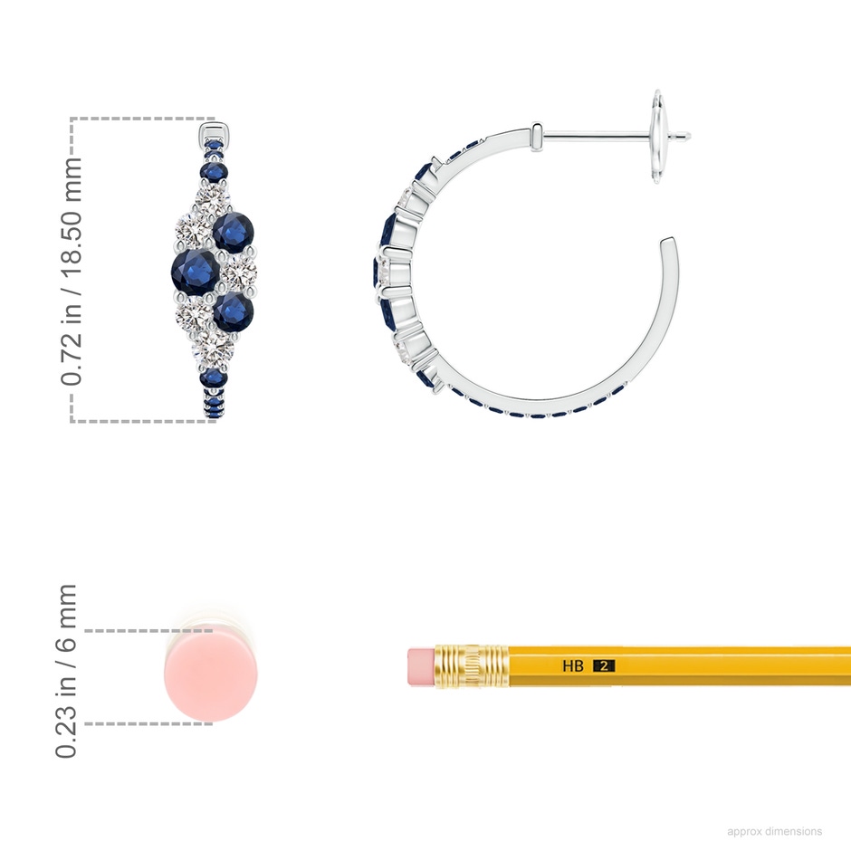 3.1mm AA Blue Sapphire & Diamond Cluster Asymmetrical Hoop Earrings in White Gold ruler