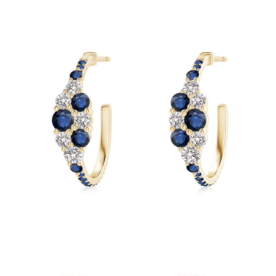 3.1mm AA Blue Sapphire & Diamond Cluster Asymmetrical Hoop Earrings in Yellow Gold 
