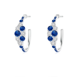 3.1mm AAA Blue Sapphire & Diamond Cluster Asymmetrical Hoop Earrings in White Gold