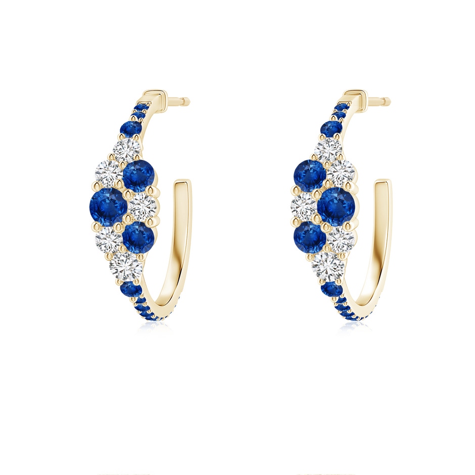 3.1mm AAA Blue Sapphire & Diamond Clustre Asymmetrical Hoop Earrings in Yellow Gold 