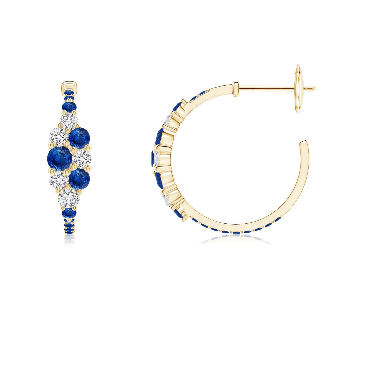 3.1mm AAA Blue Sapphire & Diamond Cluster Asymmetrical Hoop Earrings in Yellow Gold - side 2