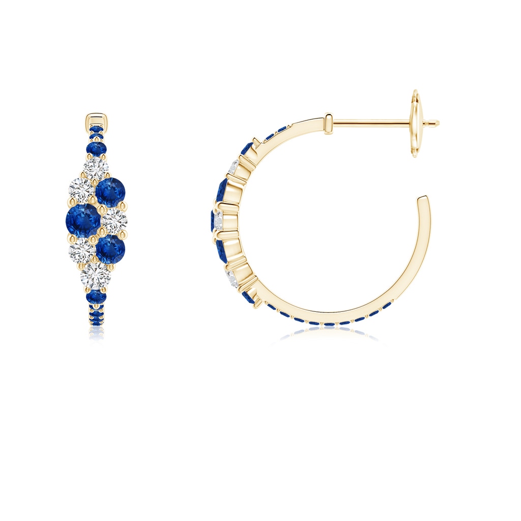 3.1mm AAA Blue Sapphire & Diamond Cluster Asymmetrical Hoop Earrings in Yellow Gold - side 199
