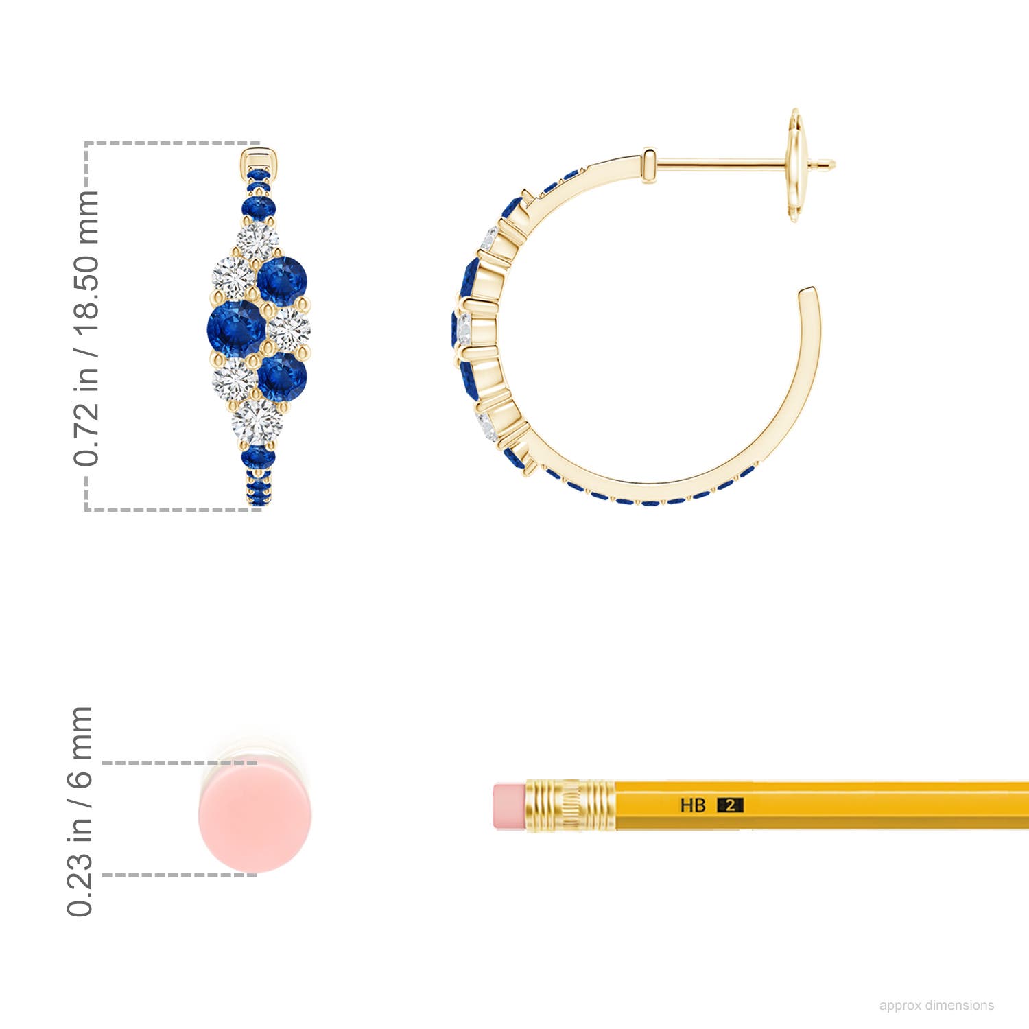 3.1mm AAA Blue Sapphire & Diamond Cluster Asymmetrical Hoop Earrings in Yellow Gold - ruler
