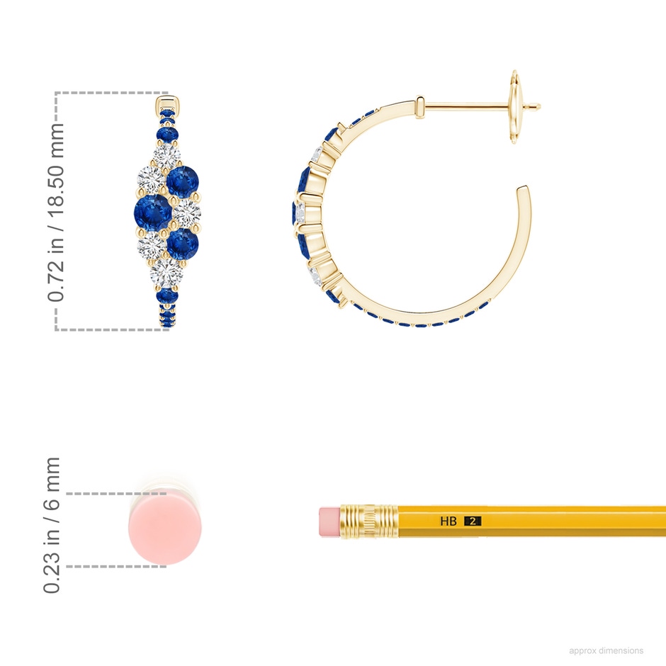 3.1mm AAA Blue Sapphire & Diamond Clustre Asymmetrical Hoop Earrings in Yellow Gold ruler