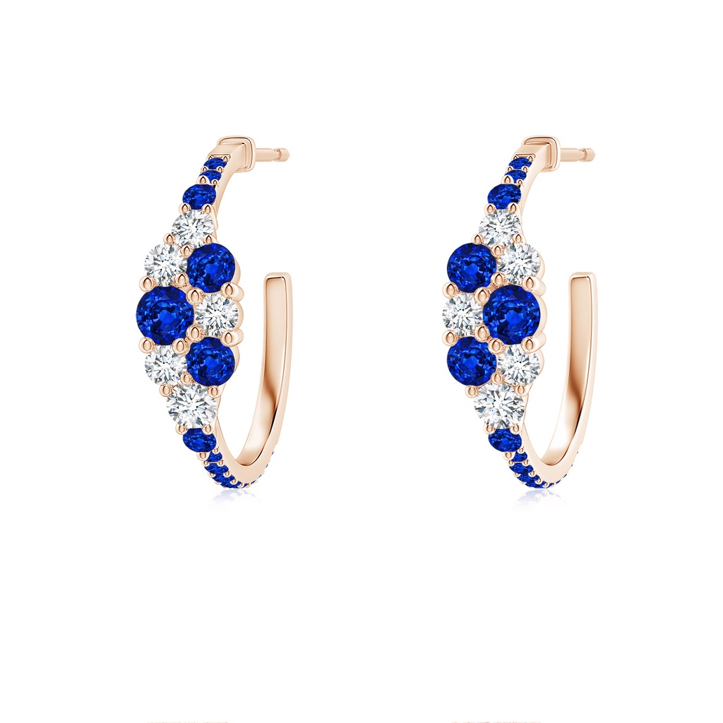 3.1mm AAAA Blue Sapphire & Diamond Clustre Asymmetrical Hoop Earrings in Rose Gold