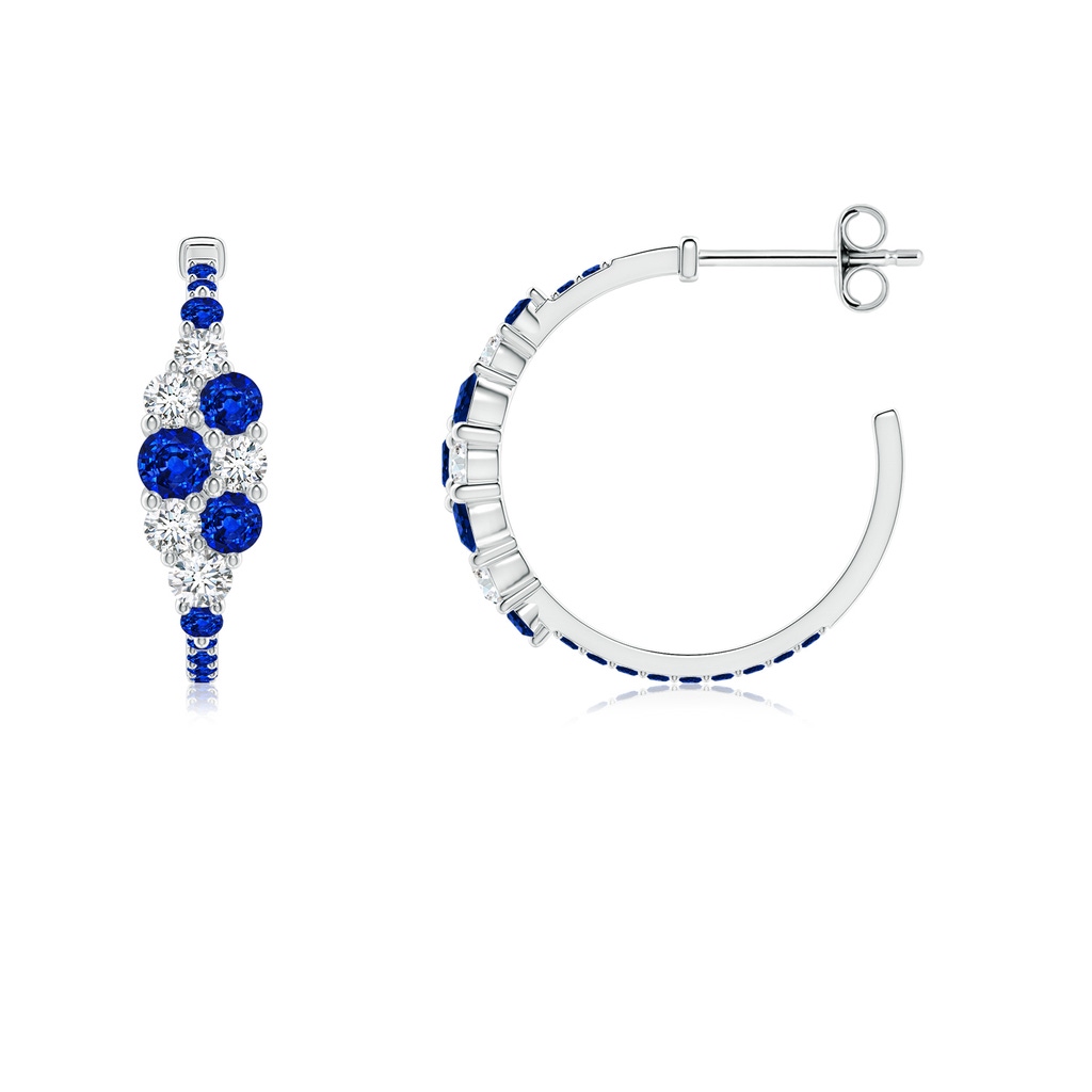 3.1mm AAAA Blue Sapphire & Diamond Clustre Asymmetrical Hoop Earrings in S999 Silver - side 199