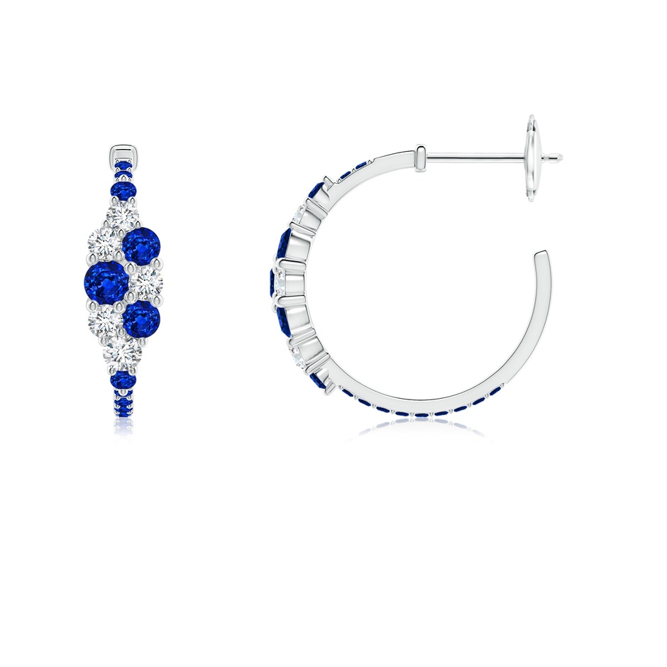3.1mm AAAA Blue Sapphire & Diamond Cluster Asymmetrical Hoop Earrings in White Gold side 199
