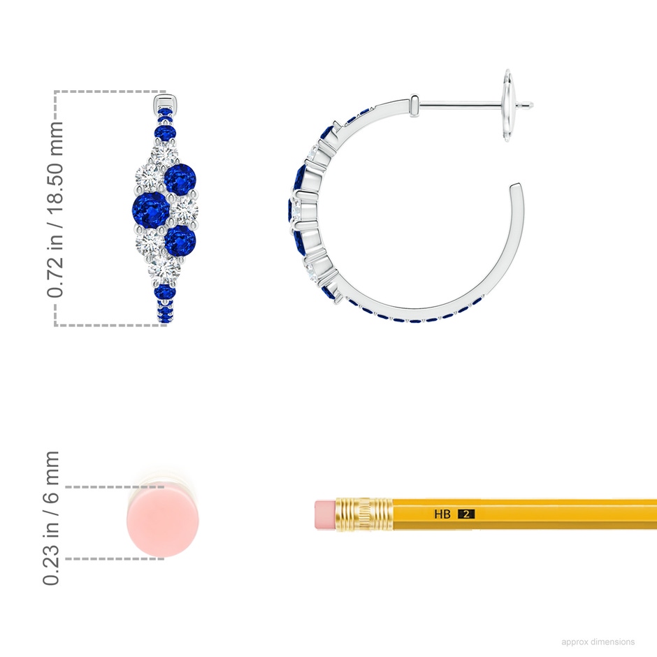 3.1mm AAAA Blue Sapphire & Diamond Cluster Asymmetrical Hoop Earrings in White Gold ruler