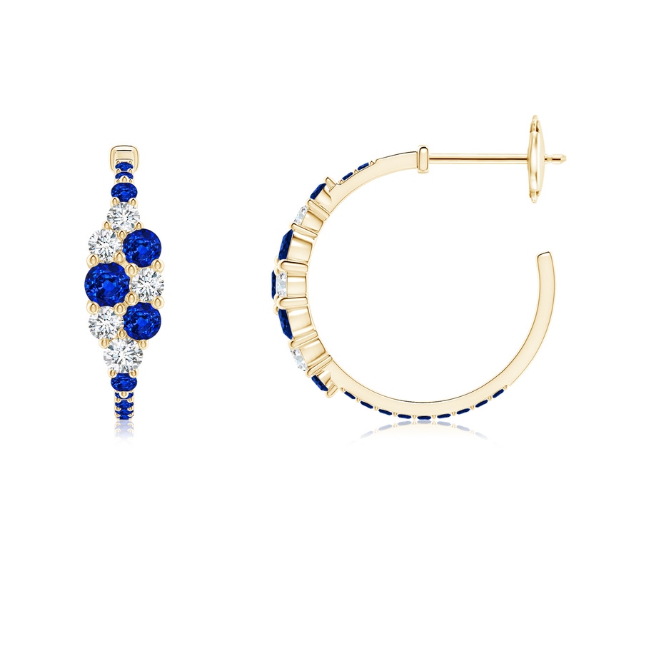 3.1mm AAAA Blue Sapphire & Diamond Cluster Asymmetrical Hoop Earrings in Yellow Gold side 199