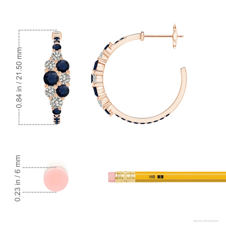 3.5mm A Blue Sapphire & Diamond Cluster Asymmetrical Hoop Earrings in Rose Gold ruler