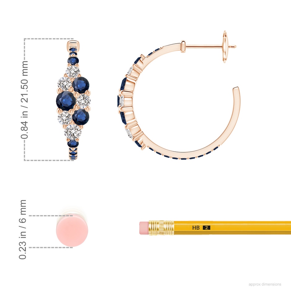 3.5mm AA Blue Sapphire & Diamond Cluster Asymmetrical Hoop Earrings in Rose Gold ruler