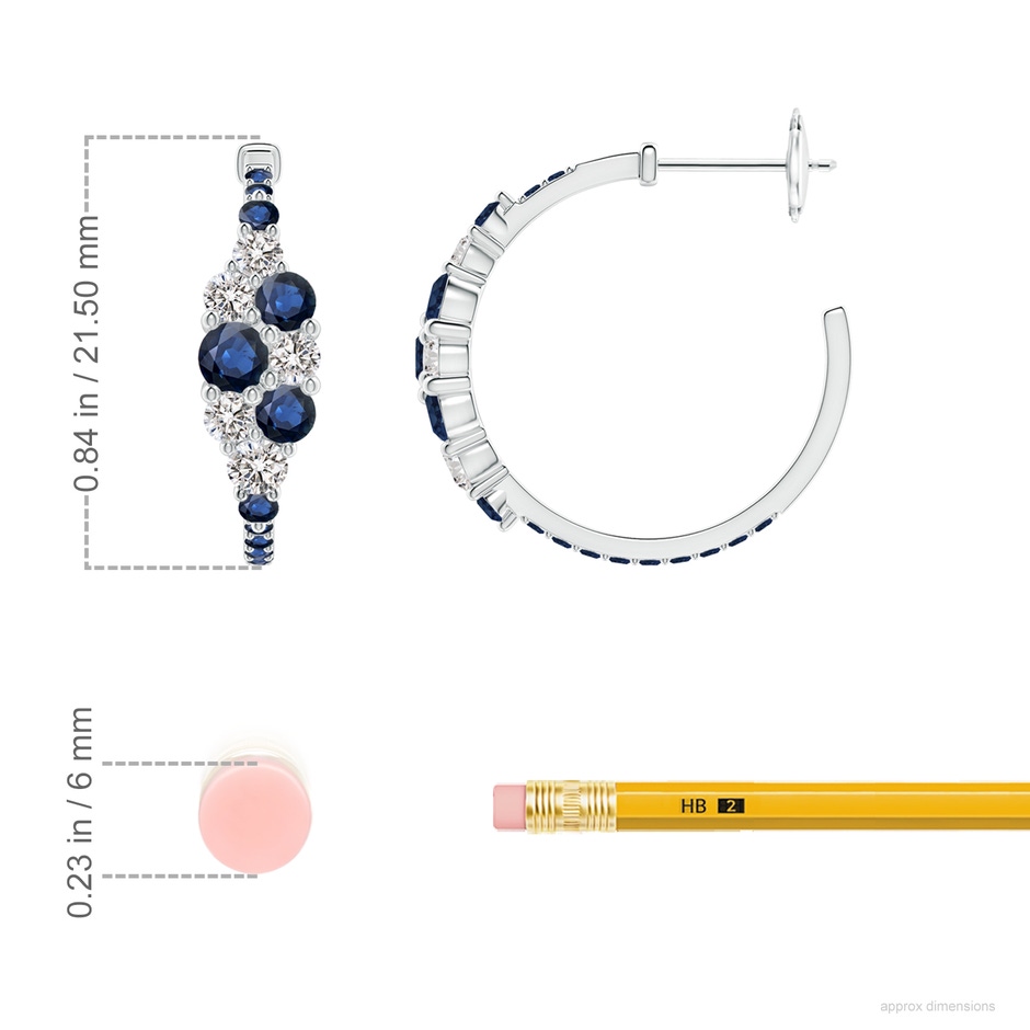 3.5mm AA Blue Sapphire & Diamond Cluster Asymmetrical Hoop Earrings in White Gold ruler