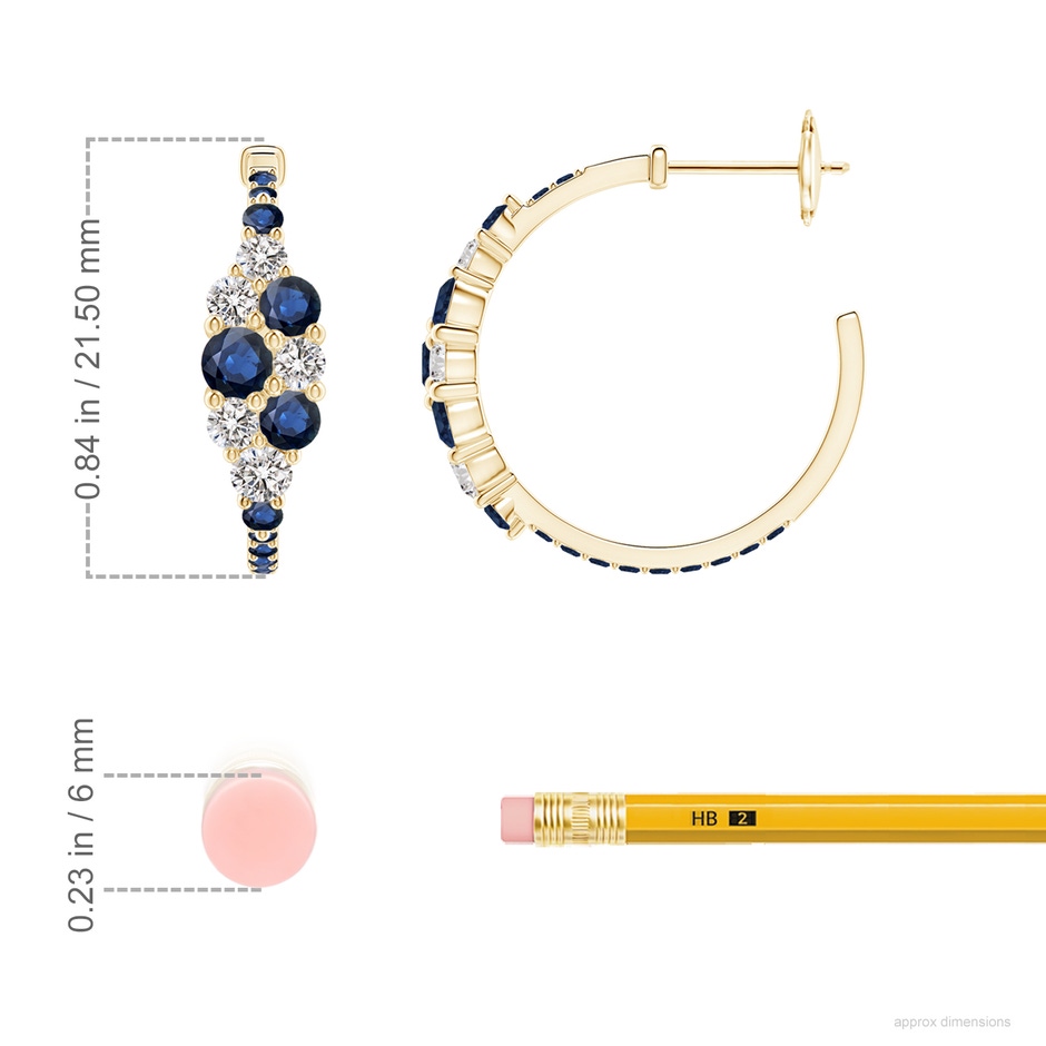 3.5mm AA Blue Sapphire & Diamond Cluster Asymmetrical Hoop Earrings in Yellow Gold ruler