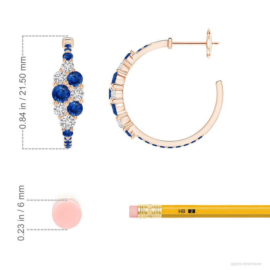 3.5mm AAA Blue Sapphire & Diamond Cluster Asymmetrical Hoop Earrings in Rose Gold ruler