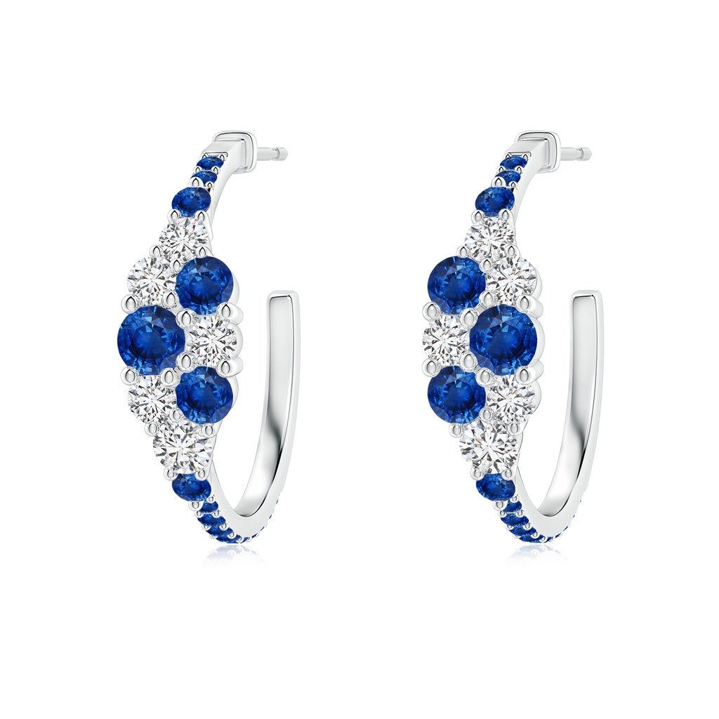 3.5mm AAA Blue Sapphire & Diamond Cluster Asymmetrical Hoop Earrings in White Gold
