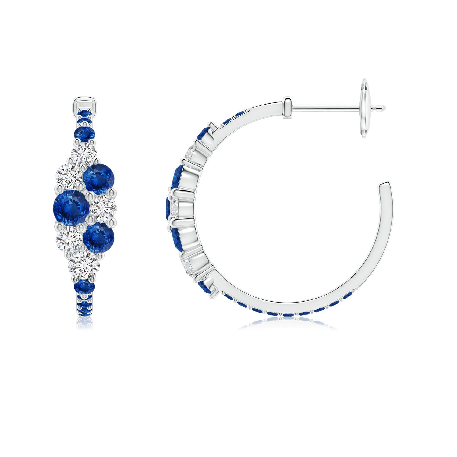 3.5mm AAA Blue Sapphire & Diamond Cluster Asymmetrical Hoop Earrings in White Gold - side 2
