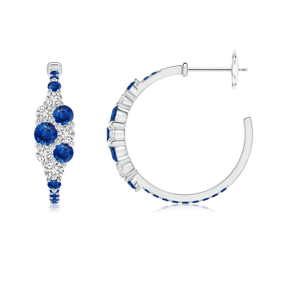 3.5mm AAA Blue Sapphire & Diamond Clustre Asymmetrical Hoop Earrings in White Gold side 199