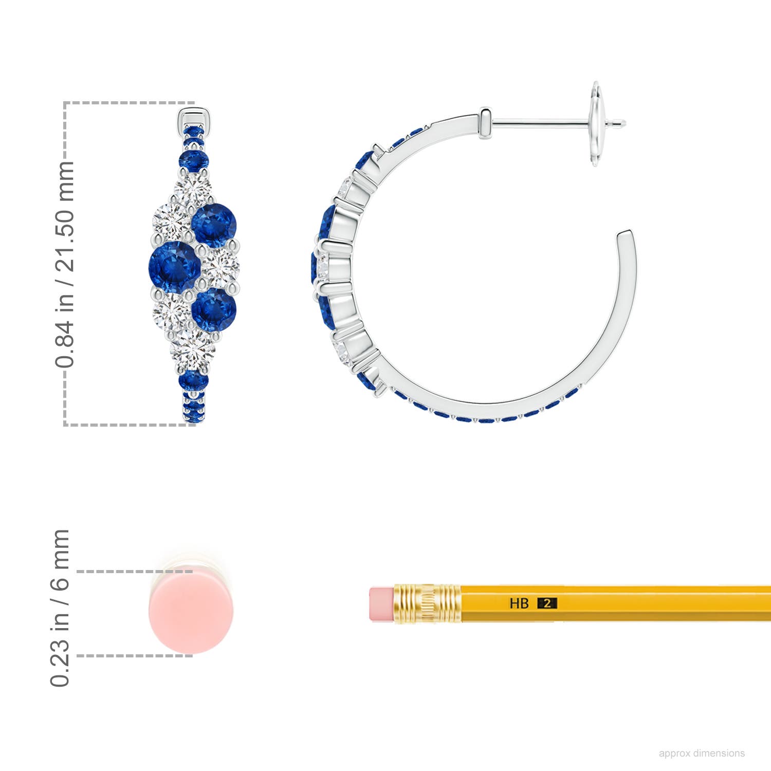 3.5mm AAA Blue Sapphire & Diamond Cluster Asymmetrical Hoop Earrings in White Gold - ruler