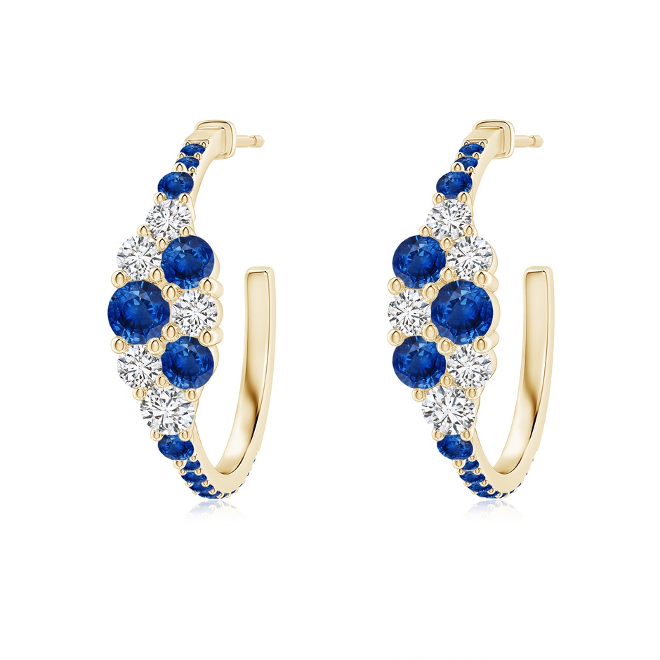 3.5mm AAA Blue Sapphire & Diamond Cluster Asymmetrical Hoop Earrings in Yellow Gold 