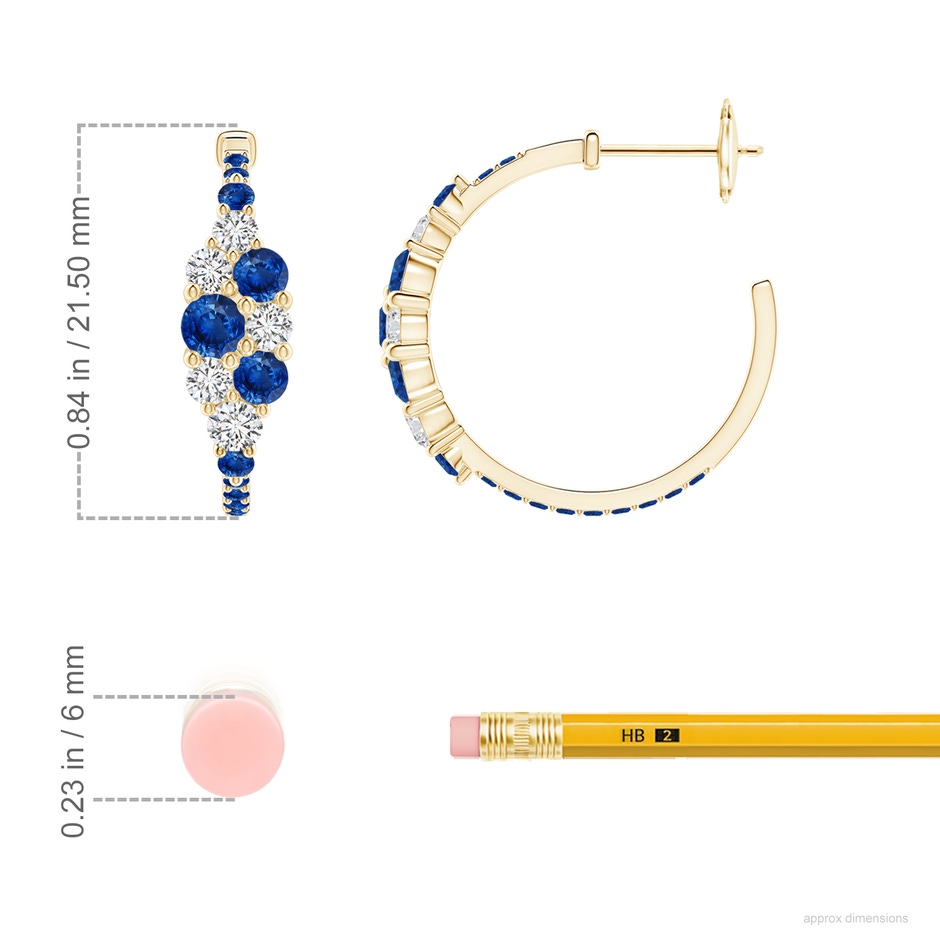 3.5mm AAA Blue Sapphire & Diamond Cluster Asymmetrical Hoop Earrings in Yellow Gold ruler