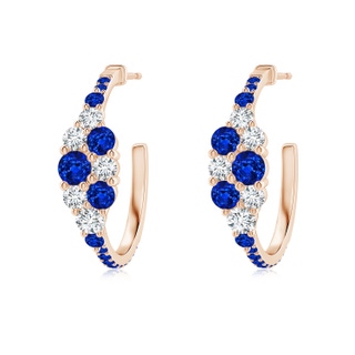 3.5mm AAAA Blue Sapphire & Diamond Clustre Asymmetrical Hoop Earrings in 10K Rose Gold