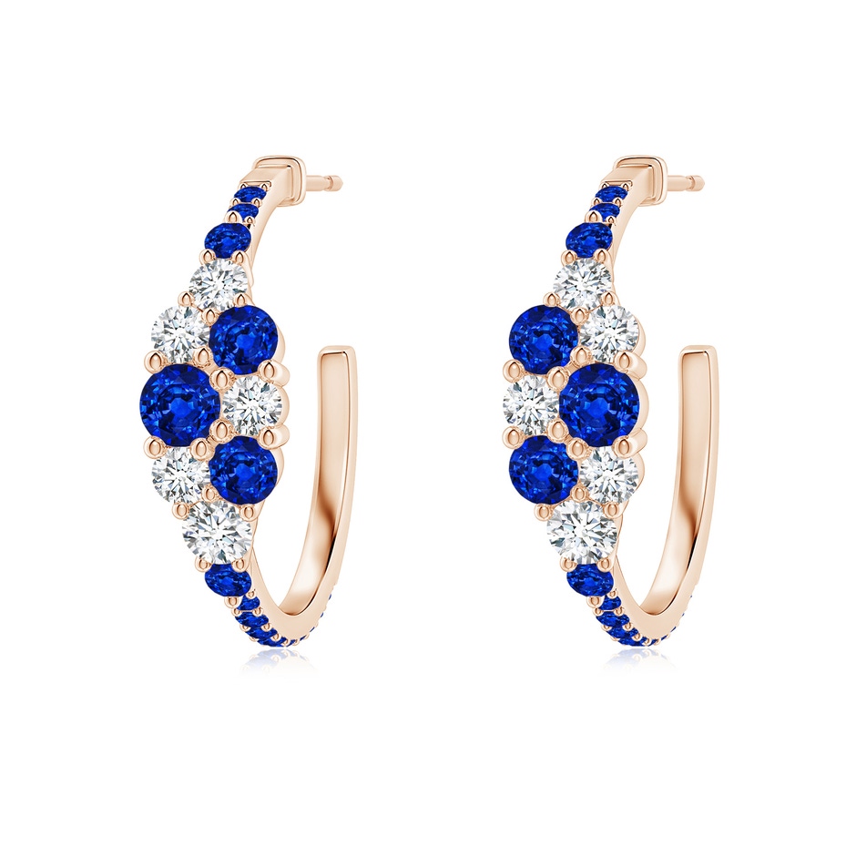 3.5mm AAAA Blue Sapphire & Diamond Cluster Asymmetrical Hoop Earrings in Rose Gold 